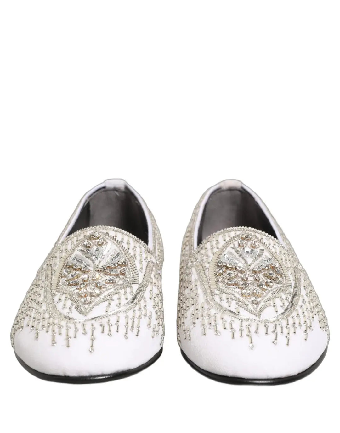 Dolce &amp; Gabbana White Satin Embellished Dress Loafers Shoes
