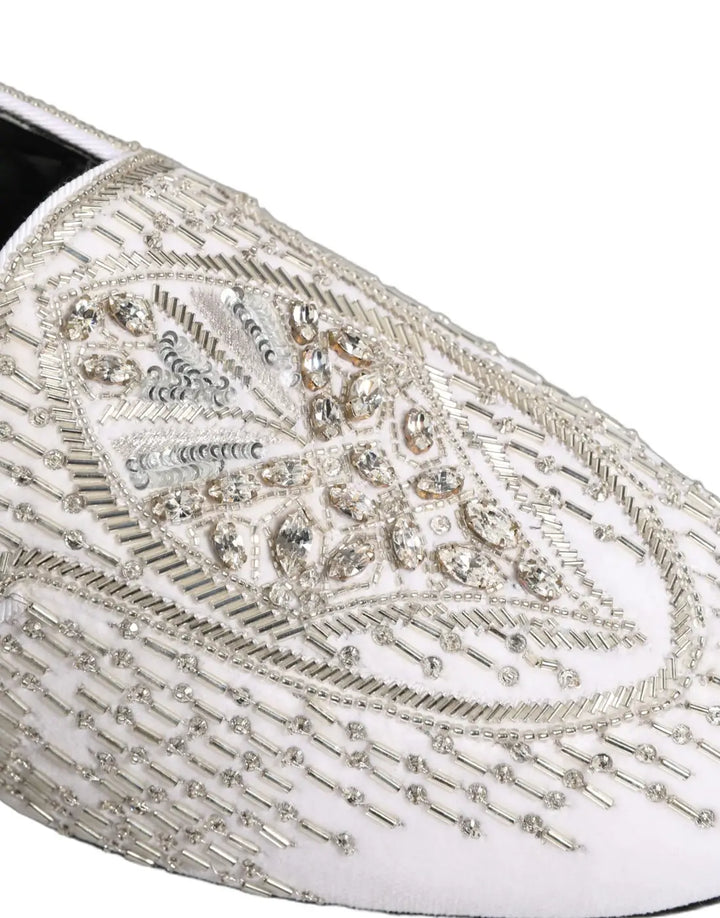 Dolce &amp; Gabbana White Satin Embellished Dress Loafers Shoes