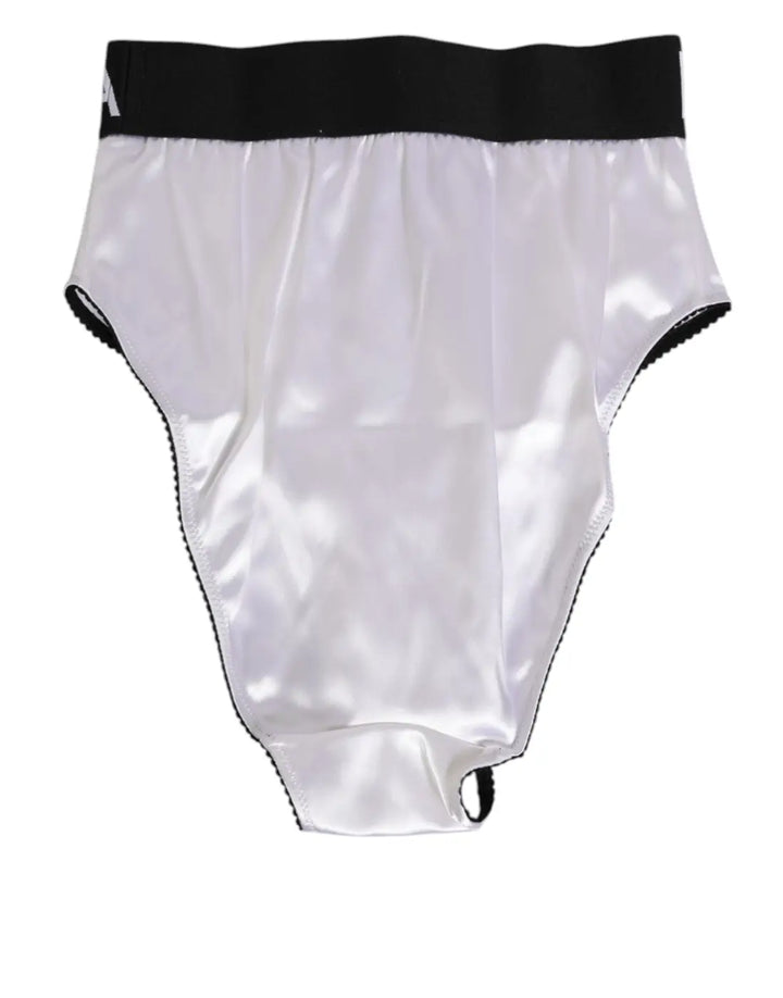 Dolce &amp; Gabbana White Satin High-Waist Black Logo Women Underwear