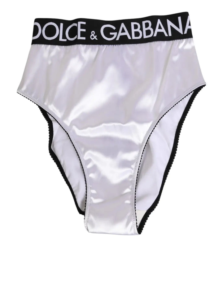 Dolce &amp; Gabbana White Satin High-Waist Black Logo Women Underwear
