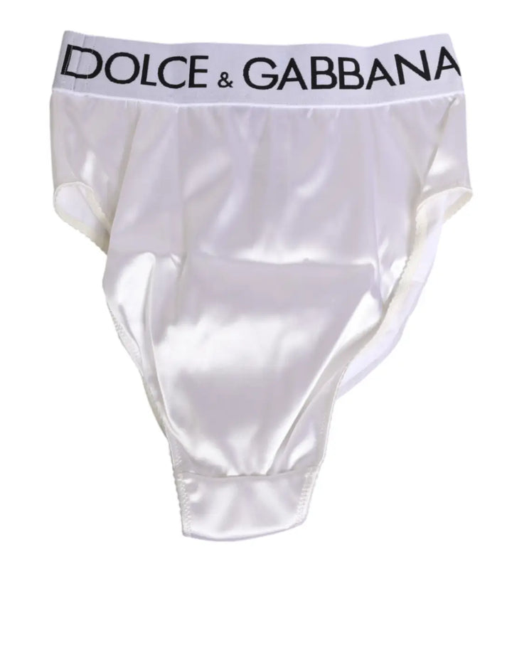 Dolce &amp; Gabbana White Satin High-Waist Brief Logo Women Underwear