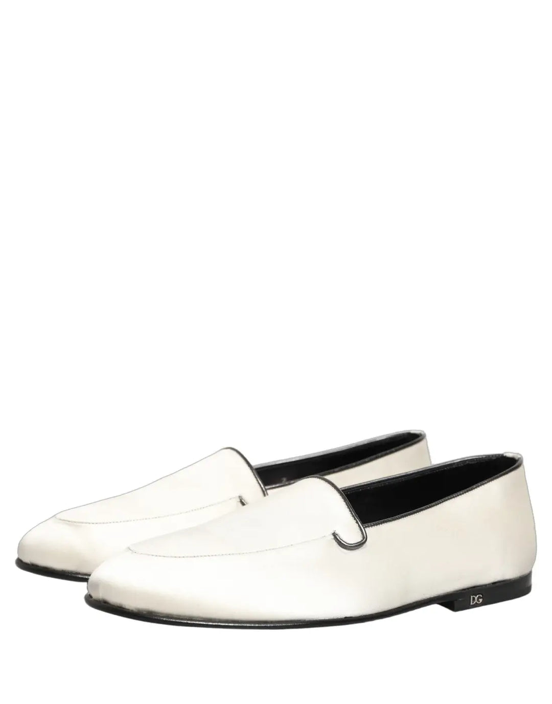 Dolce &amp; Gabbana White Satin Logo Slip On Flats Loafers Shoes