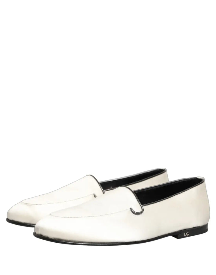 Dolce &amp; Gabbana White Satin Logo Slip On Flats Loafers Shoes