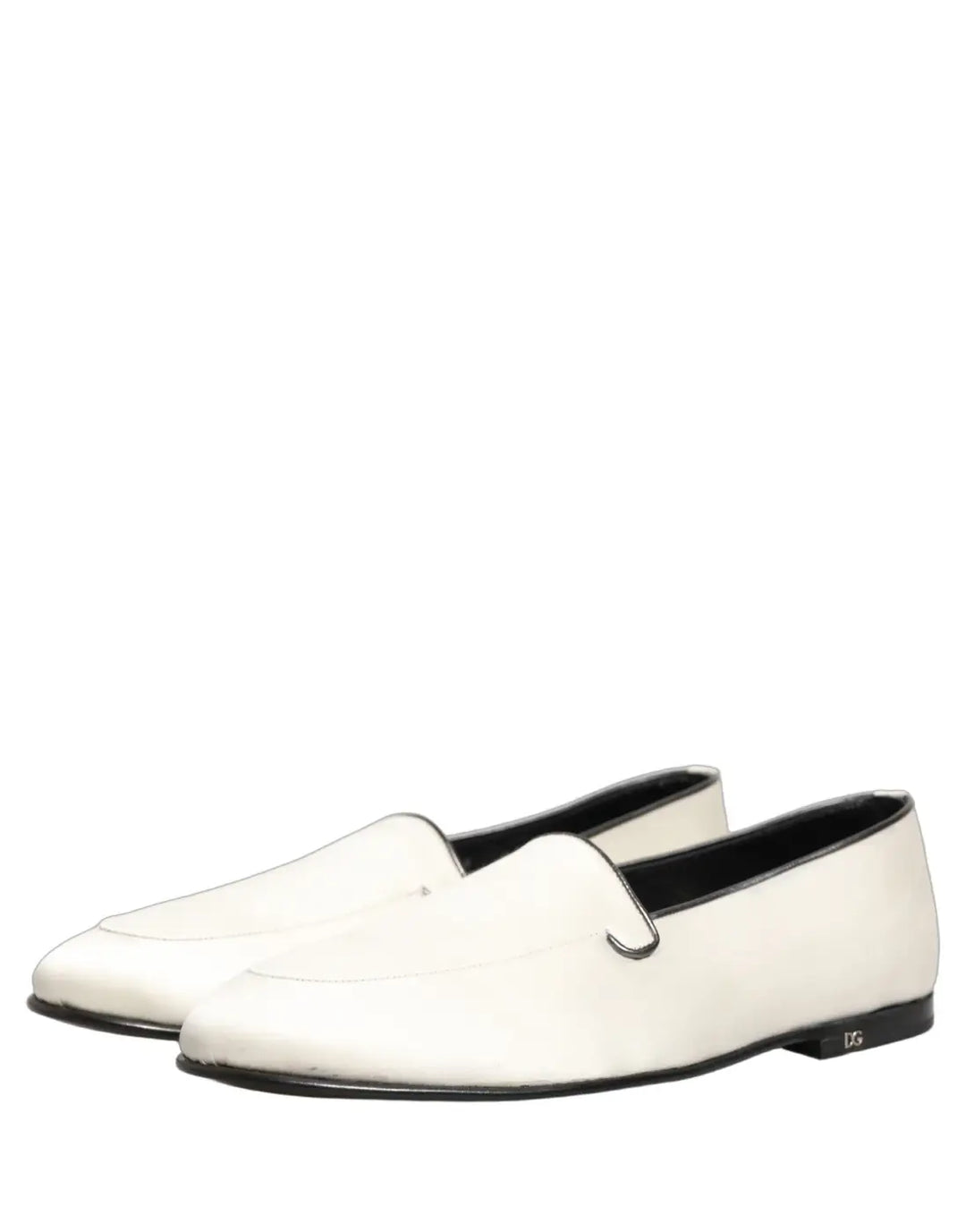 Dolce &amp; Gabbana White Satin Logo Slip On Flats Loafers Shoes