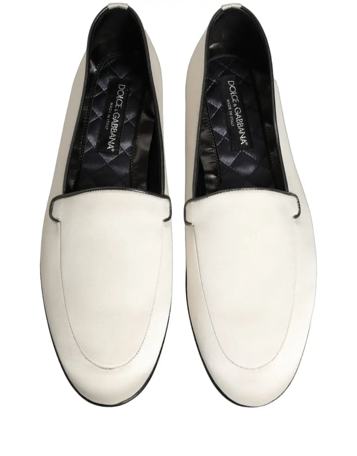 Dolce &amp; Gabbana White Satin Logo Slip On Flats Loafers Shoes