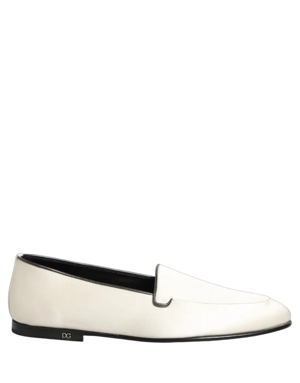 Dolce & Gabbana White Satin Logo Slip On Flats Loafers Shoes