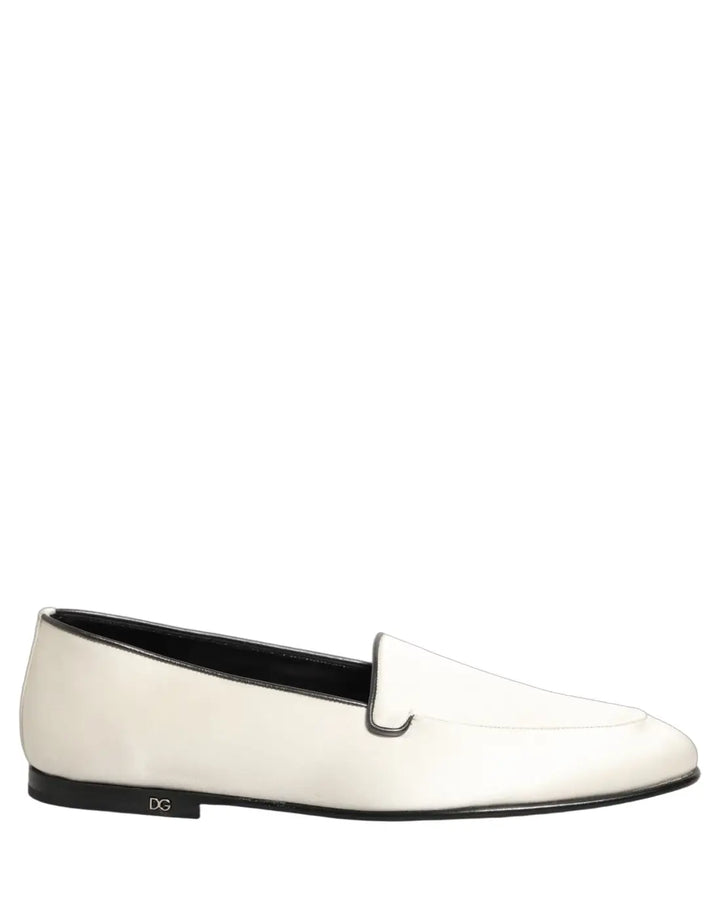 Dolce &amp; Gabbana White Satin Logo Slip On Flats Loafers Shoes