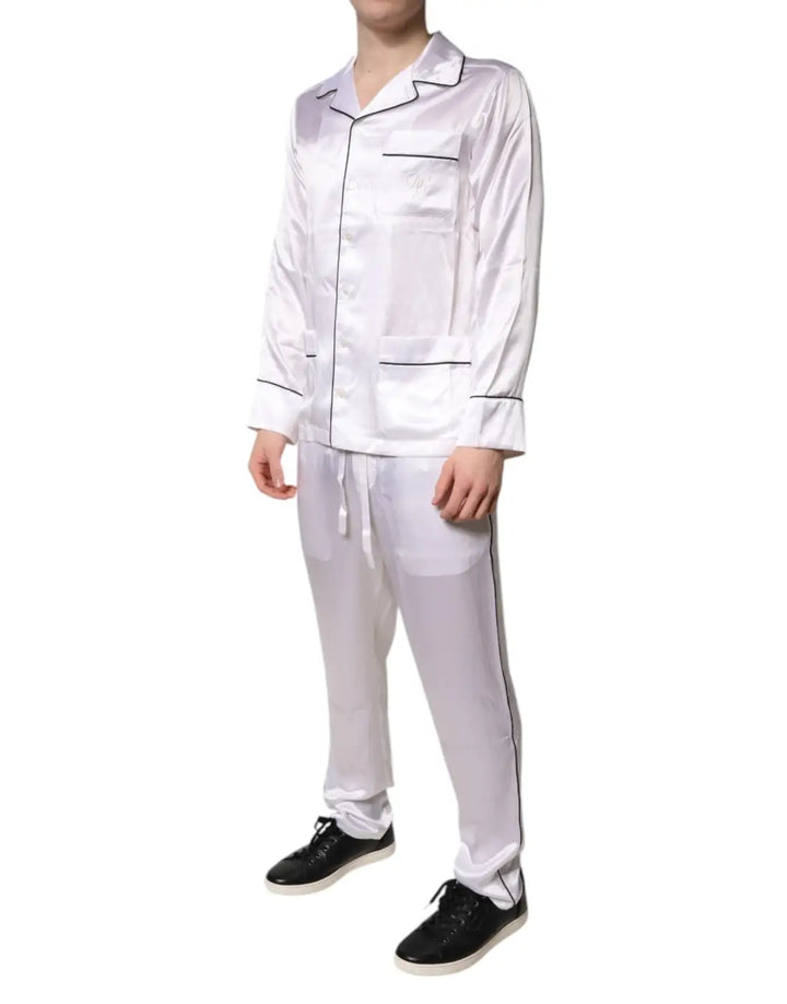 Dolce &amp; Gabbana White Satin Silk Men Pajama Set Sleepwear