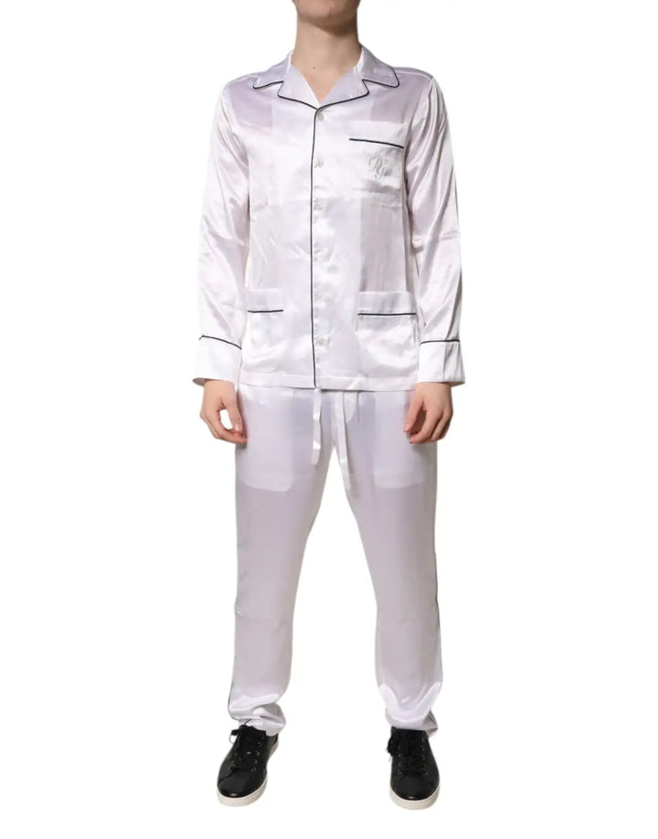 Dolce &amp; Gabbana White Satin Silk Men Pajama Set Sleepwear