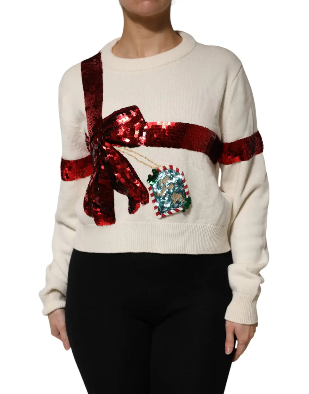 Dolce &amp; Gabbana White Sequined Crew Neck Pullover Sweater
