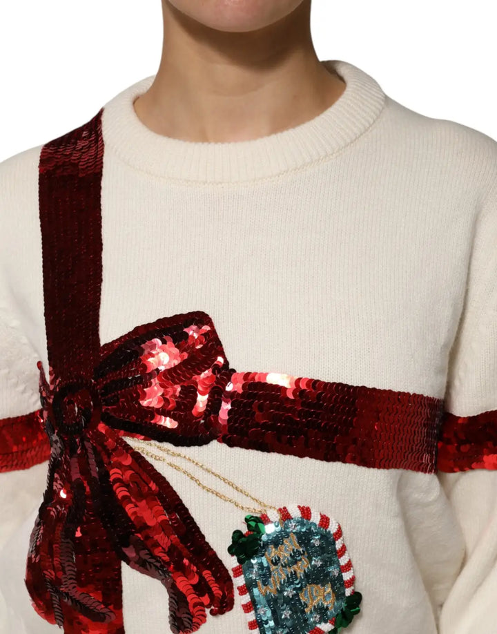 Dolce &amp; Gabbana White Sequined Crew Neck Pullover Sweater
