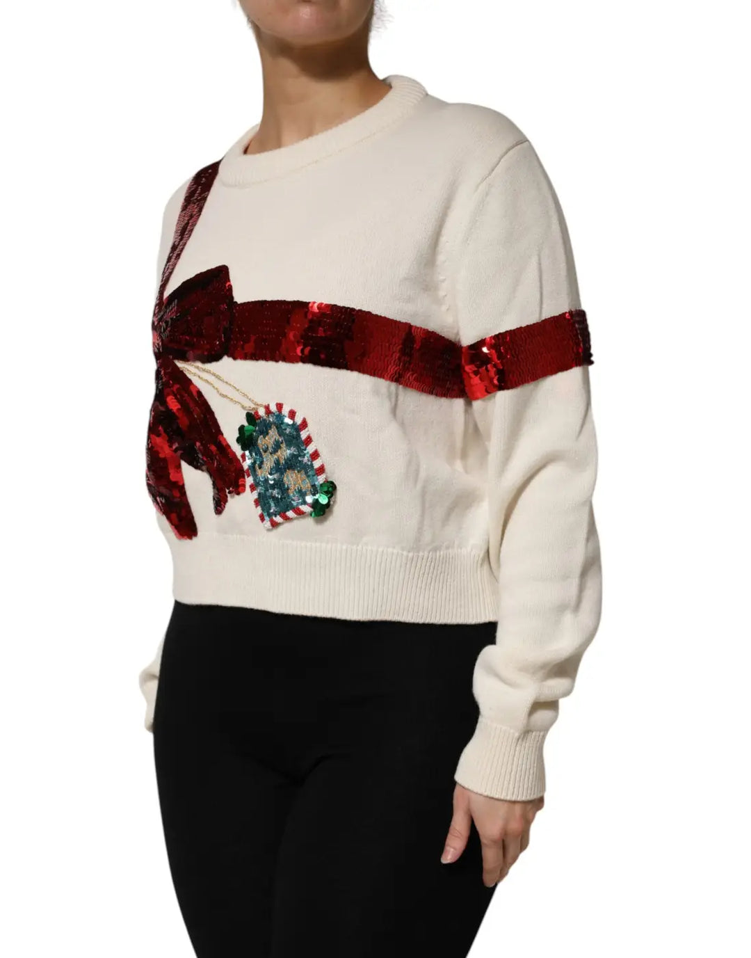 Dolce &amp; Gabbana White Sequined Crew Neck Pullover Sweater