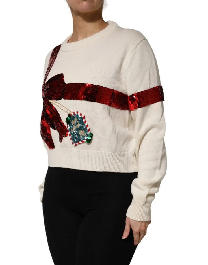 Dolce &amp; Gabbana White Sequined Crew Neck Pullover Sweater