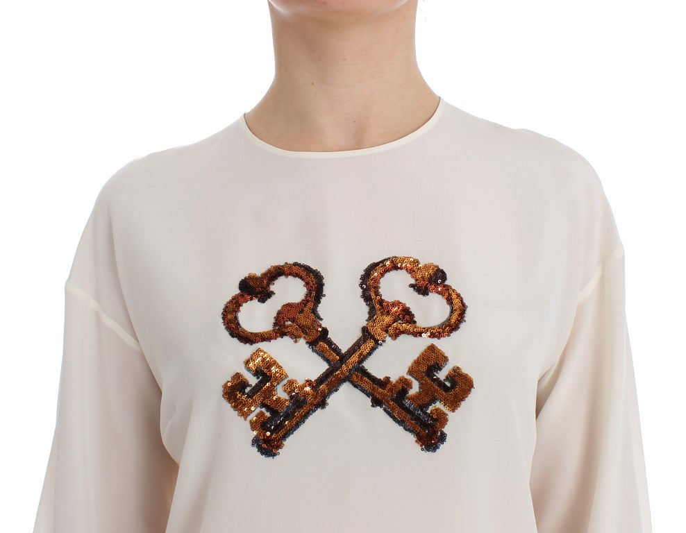 Dolce &amp; Gabbana Blouses - White Sequined Key Silk Blouse T-shirt Top