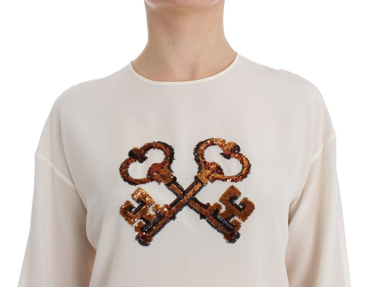 Dolce &amp; Gabbana Blouses - White Sequined Key Silk Blouse T-shirt Top