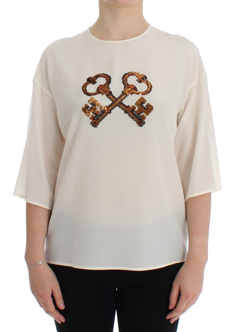 Dolce &amp; Gabbana Blouses - White Sequined Key Silk Blouse T-shirt Top
