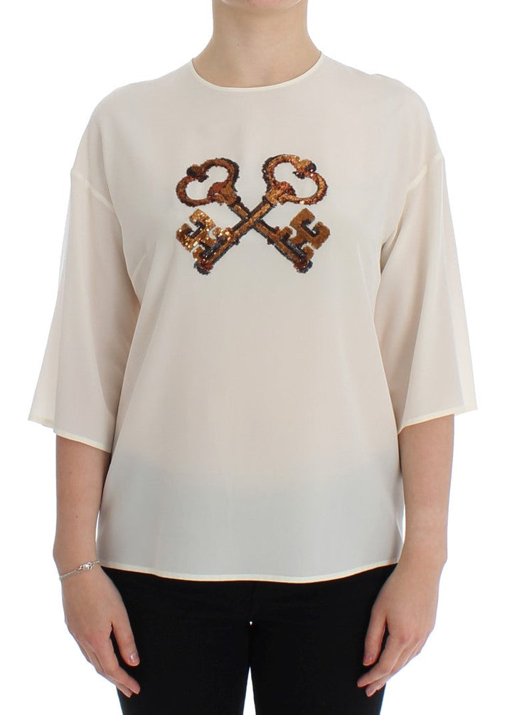 Dolce &amp; Gabbana Blouses - White Sequined Key Silk Blouse T-shirt Top