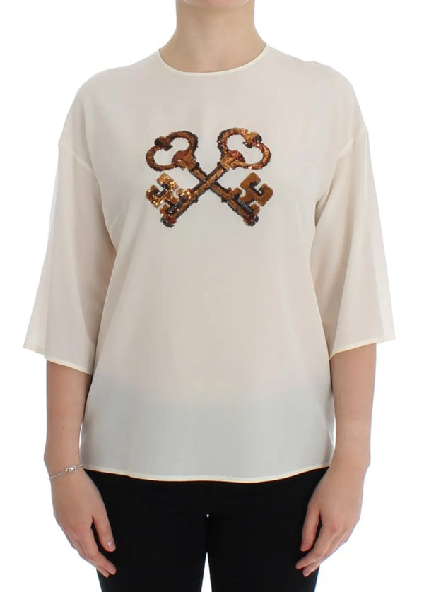 Dolce & Gabbana White Sequined Key Silk Blouse T-shirt Top