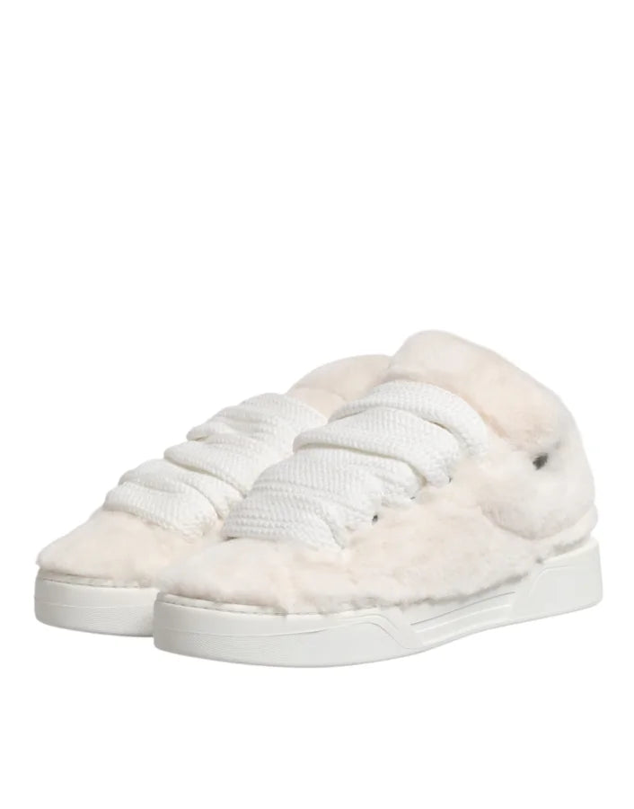 Dolce & Gabbana White Shearling Fur Bianco Low Top Sneakers Shoes