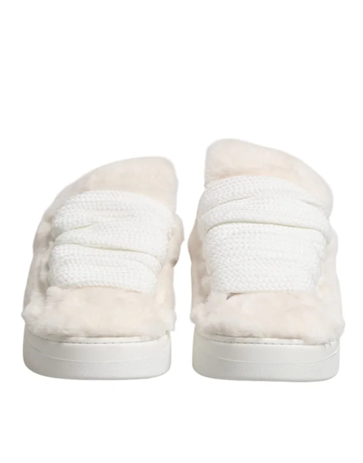 Dolce & Gabbana White Shearling Fur Bianco Low Top Sneakers Shoes
