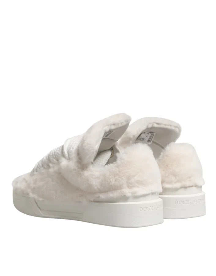 Dolce & Gabbana White Shearling Fur Bianco Low Top Sneakers Shoes