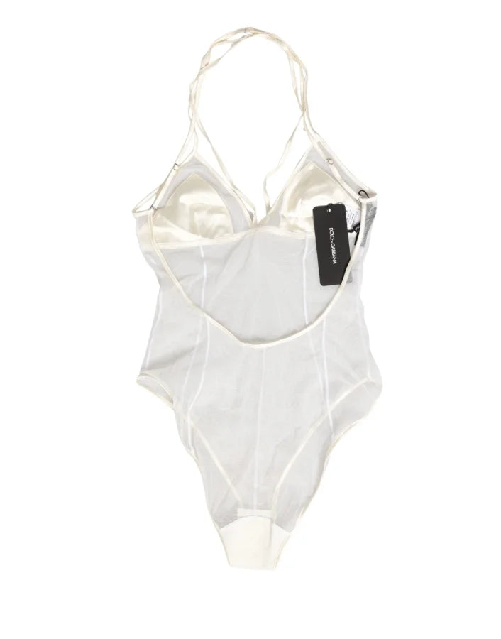 Dolce &amp; Gabbana White Sheer Nylon Bodysuit Halterneck Underwear