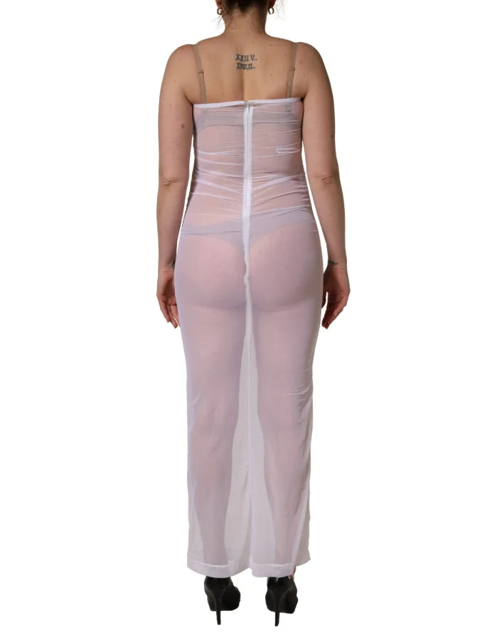 Dolce &amp; Gabbana White Sheer Nylon Stretch Sheath Maxi Dress