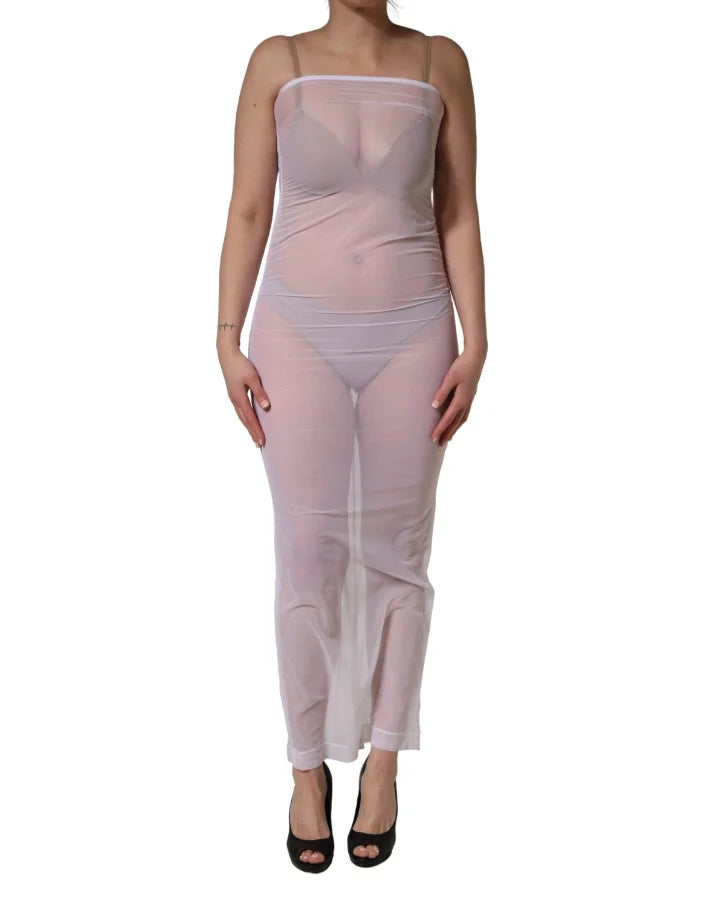 Dolce &amp; Gabbana White Sheer Nylon Stretch Sheath Maxi Dress