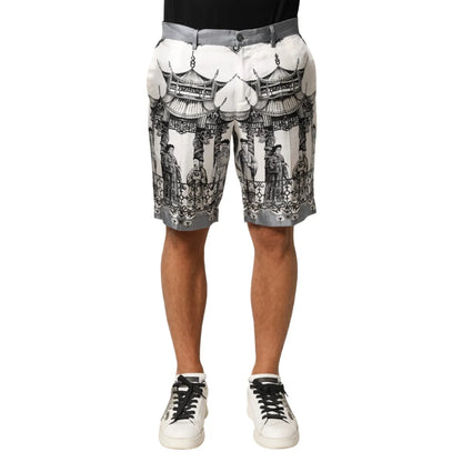 Dolce & Gabbana White Silk Bermuda Shorts with Japanese Print