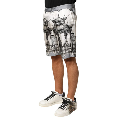 Dolce & Gabbana White Silk Bermuda Shorts with Japanese Print