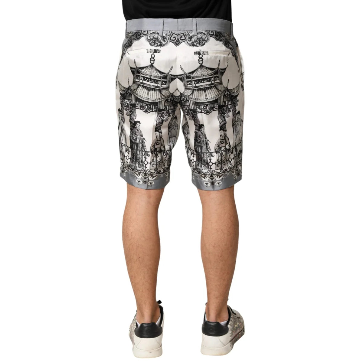 Dolce & Gabbana White Silk Bermuda Shorts with Japanese Print