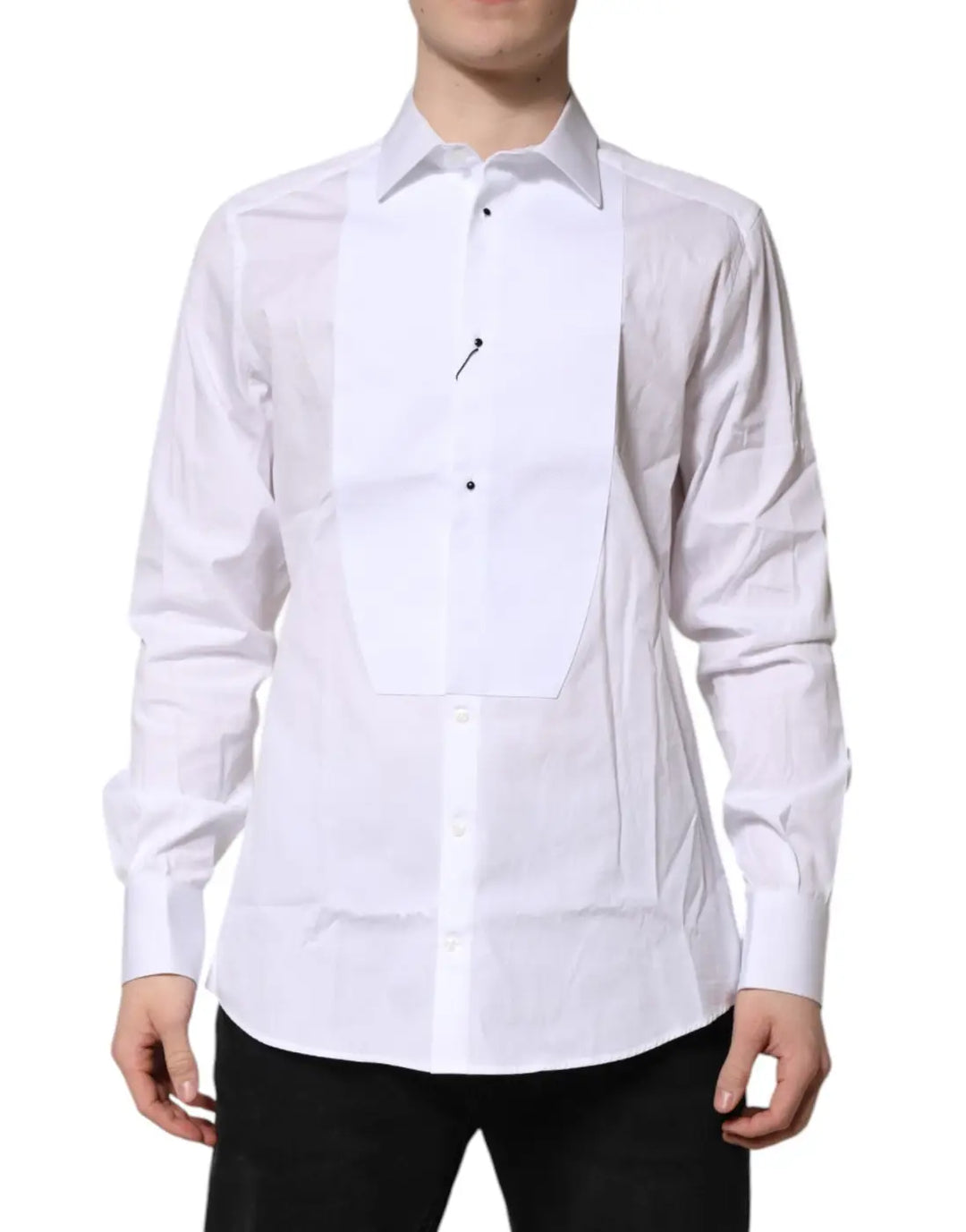 Dolce &amp; Gabbana White Silk Bib Poplin GOLD Men Formal Shirt