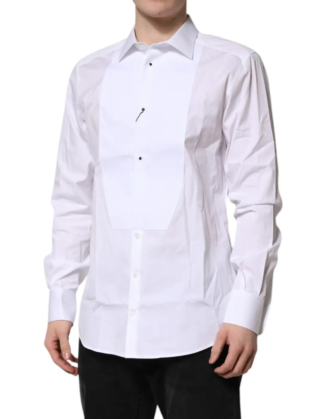 Dolce &amp; Gabbana White Silk Bib Poplin GOLD Men Formal Shirt