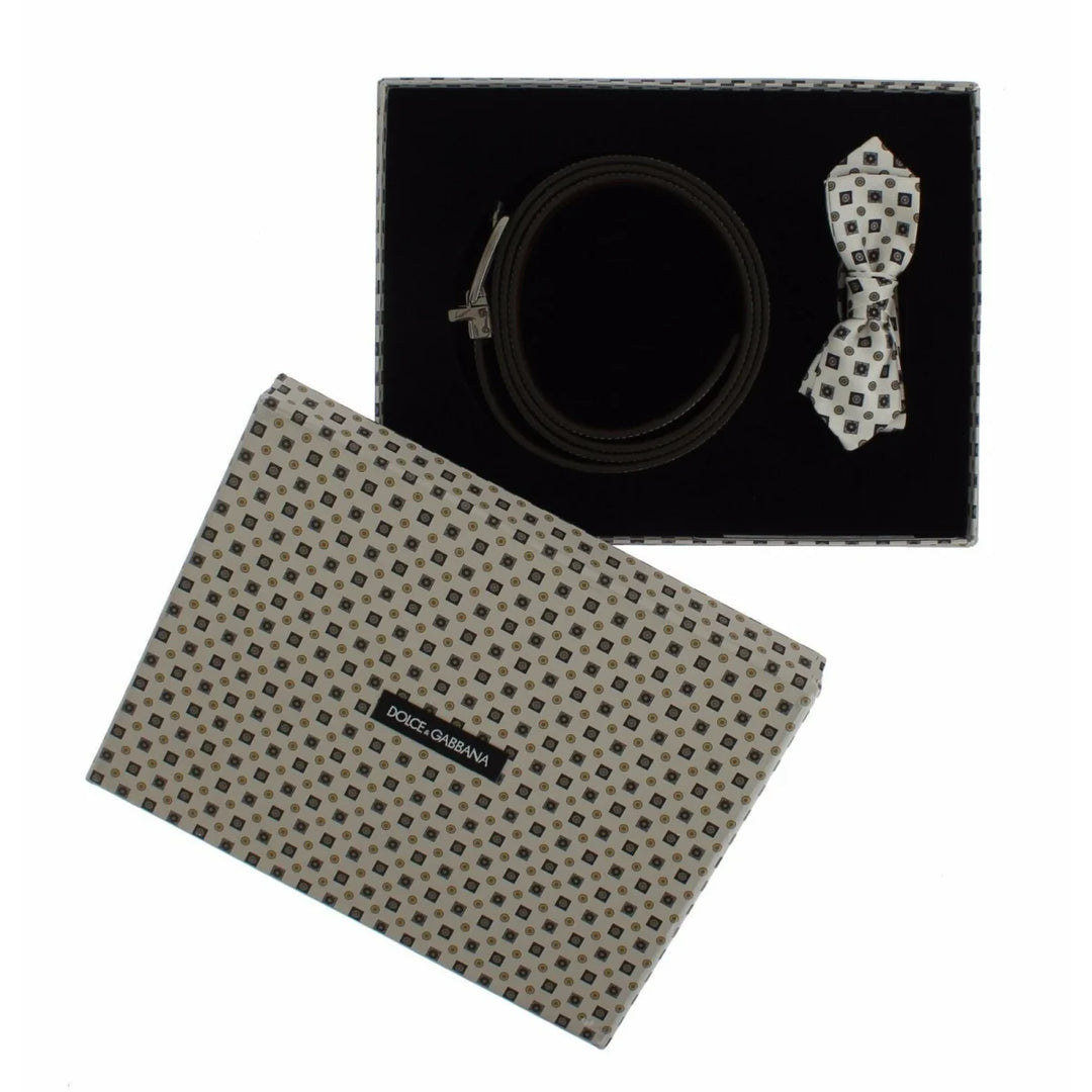 Dolce & Gabbana White Silk Bowtie Leather Men Belt Gift Box