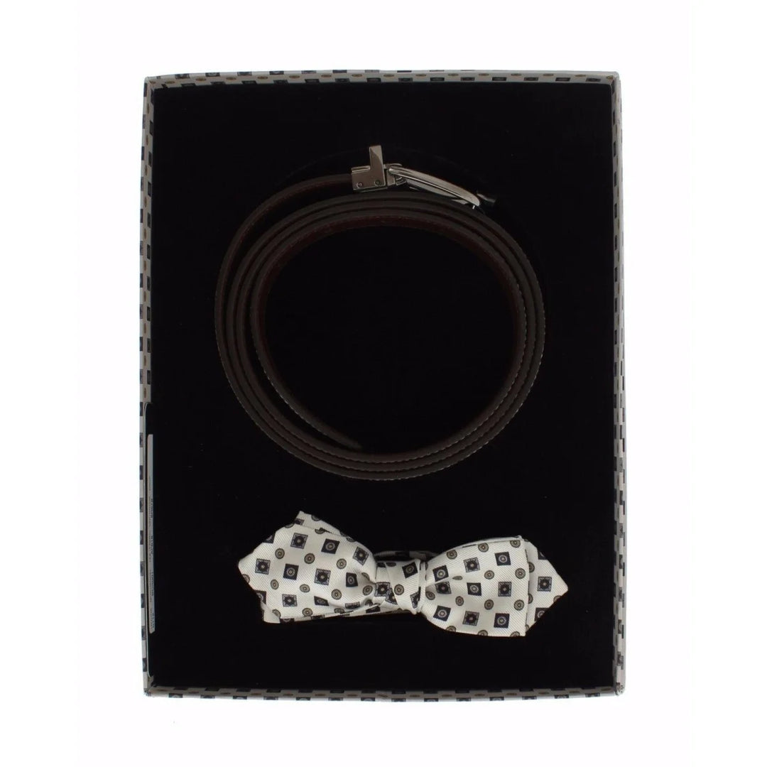 Dolce & Gabbana White Silk Bowtie Leather Men Belt Gift Box