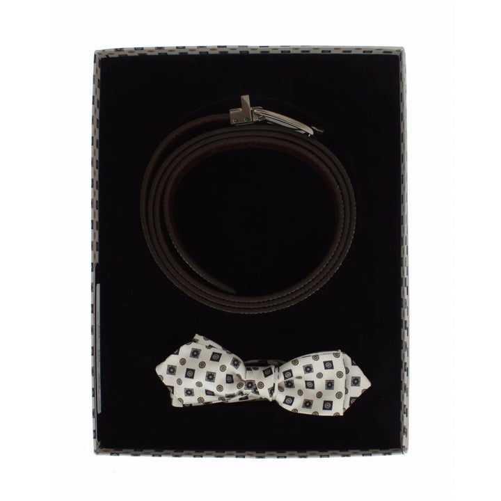 Dolce & Gabbana White Silk Bowtie Leather Men Belt Gift Box