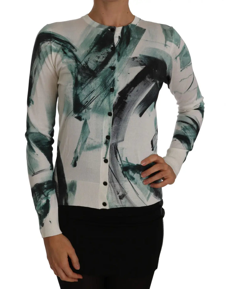 Dolce &amp; Gabbana White Silk Cardigan Lightweight Paint Stroke Sweater