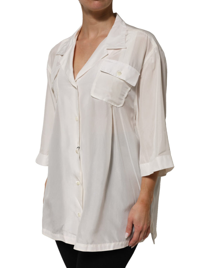 Dolce &amp; Gabbana Blouses - Women’s White Silk Collared 3/4 Sleeves Blouse Top
