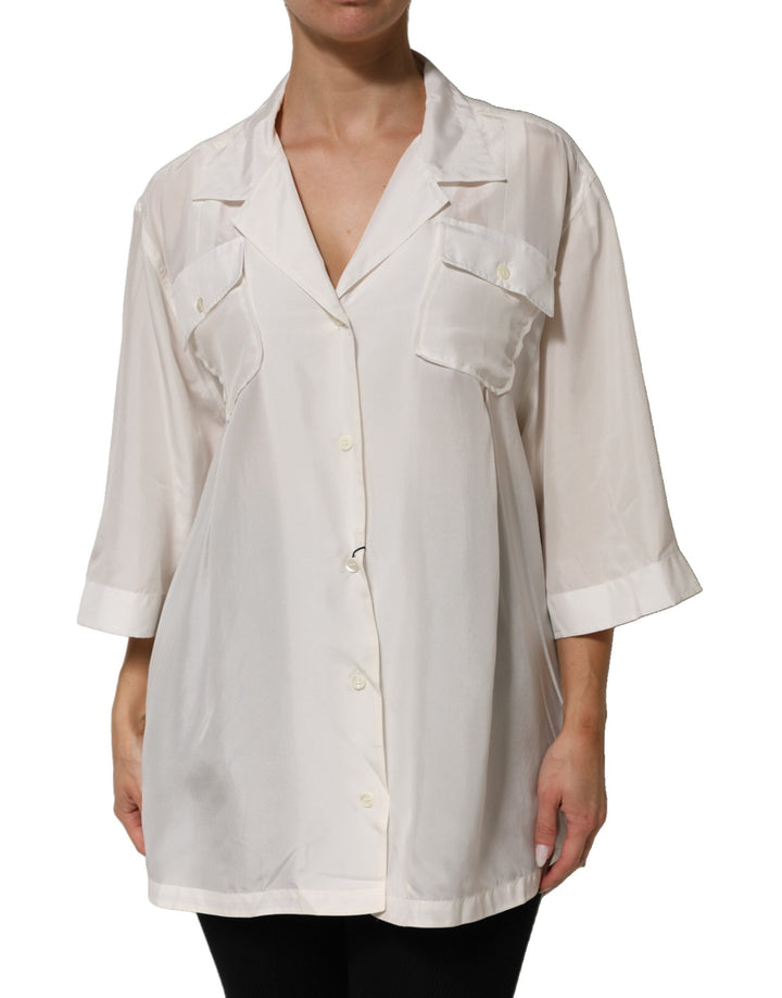Dolce &amp; Gabbana Blouses - Women’s White Silk Collared 3/4 Sleeves Blouse Top