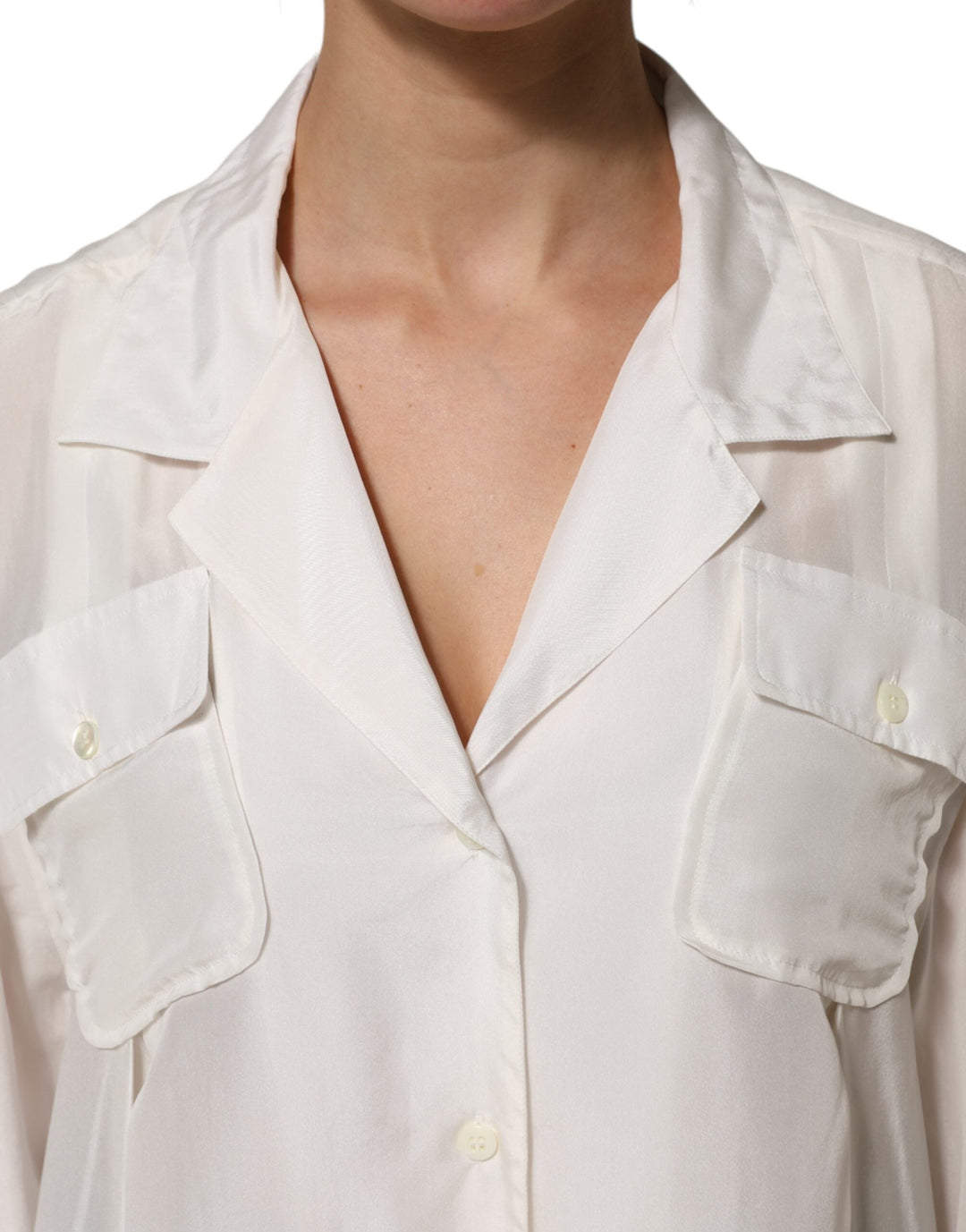 Dolce &amp; Gabbana Blouses - Women’s White Silk Collared 3/4 Sleeves Blouse Top