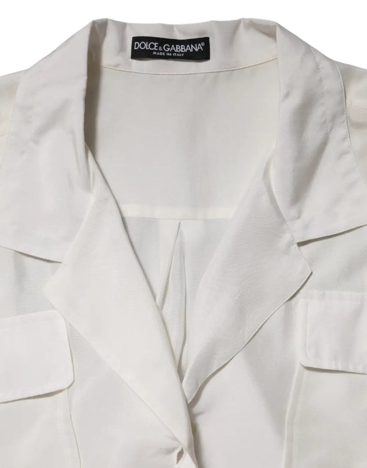Dolce &amp; Gabbana White Silk Collared 3/4 Sleeves Blouse Top