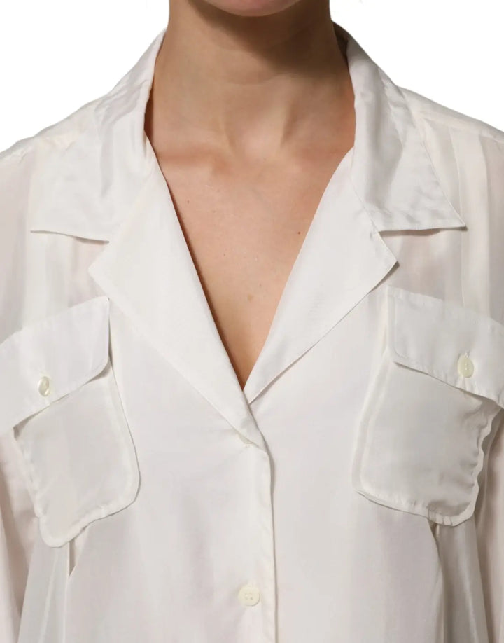 Dolce &amp; Gabbana White Silk Collared 3/4 Sleeves Blouse Top