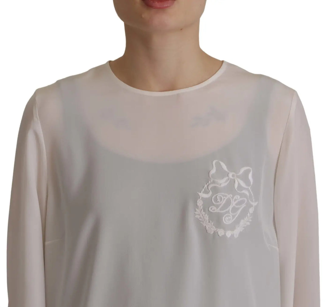 Dolce &amp; Gabbana White Silk DG Logo Embroidered Long Sleeves Blouse