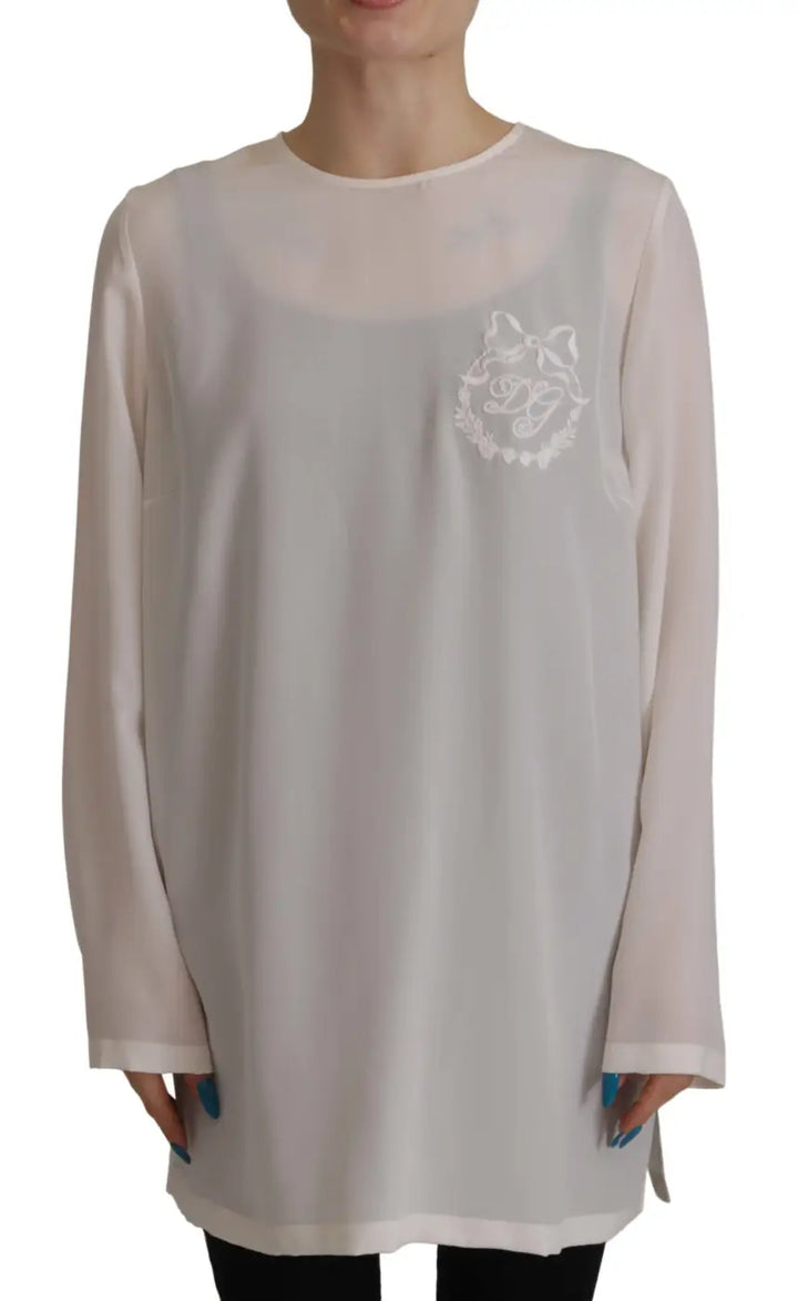 Dolce &amp; Gabbana White Silk DG Logo Embroidered Long Sleeves Blouse