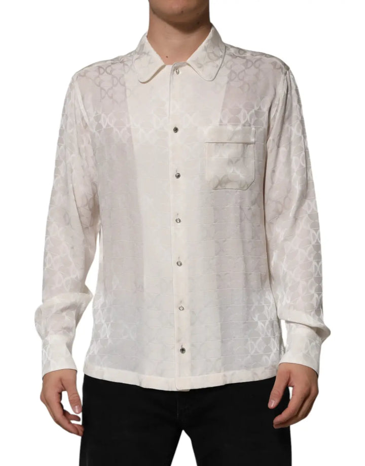 Dolce &amp; Gabbana White Silk DG Logo Print Long Sleeves Shirt