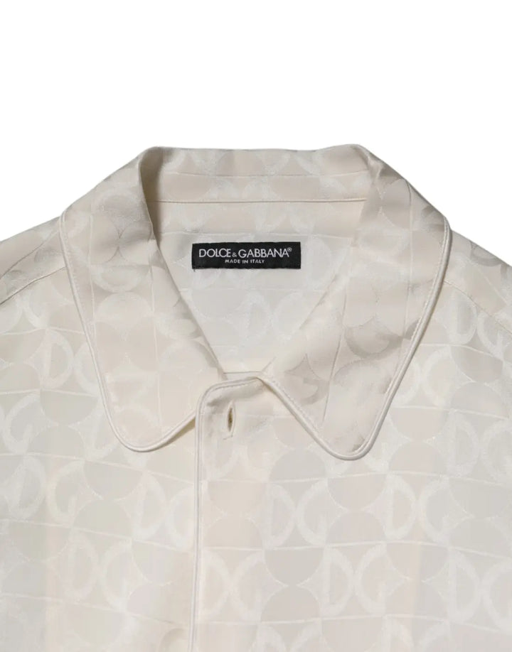 Dolce &amp; Gabbana White Silk DG Logo Print Long Sleeves Shirt