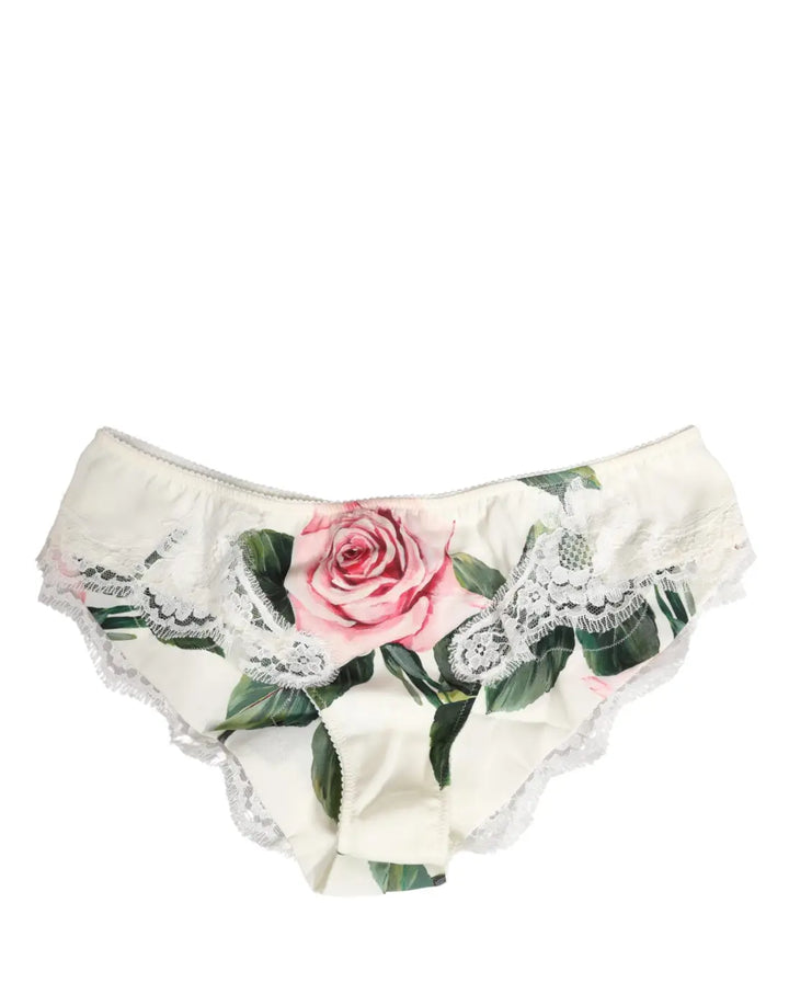 Dolce &amp; Gabbana White Silk Floral Lace Trim Panty Brief Underwear
