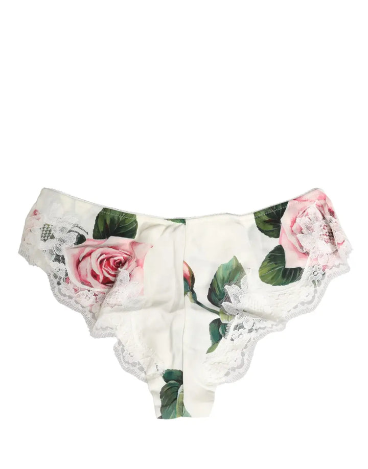 Dolce &amp; Gabbana White Silk Floral Lace Trim Panty Brief Underwear