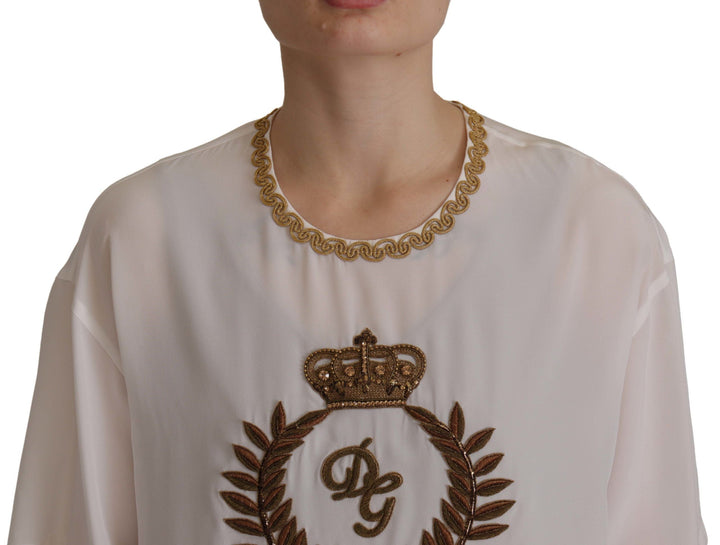 Dolce &amp; Gabbana - White Silk Gold DG Crown Crystal Blouse Top