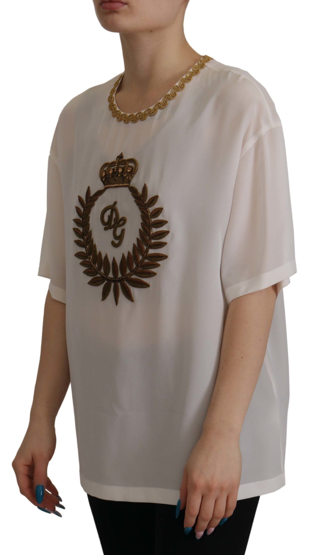 Dolce &amp; Gabbana - White Silk Gold DG Crown Crystal Blouse Top